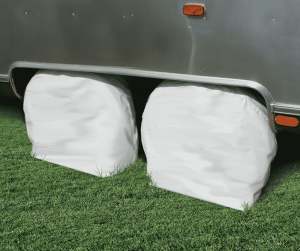 RV tire covers in use